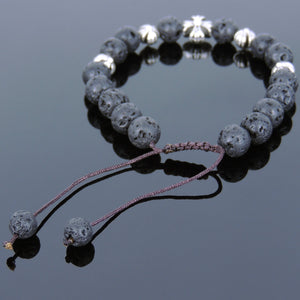 8mm Lava Rock Stone Adjustable Braided Bracelet with Tibetan Silver Holy Trinity Cross Beads - Handmade by Gem & Silver TSB245