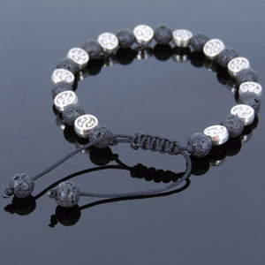 6mm Lava Rock Adjustable Braided Stone Bracelet with Tibetan Silver Taiji Ying Yang Beads - Handmade by Gem & Silver TSB246