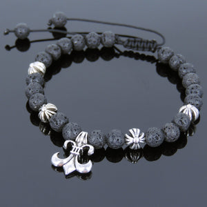 Lava Rock Adjustable Braided Stone Bracelet with Tibetan Silver Cross Beads & Fleur de Lis Pendant - Handmade by Gem & Silver TSB247