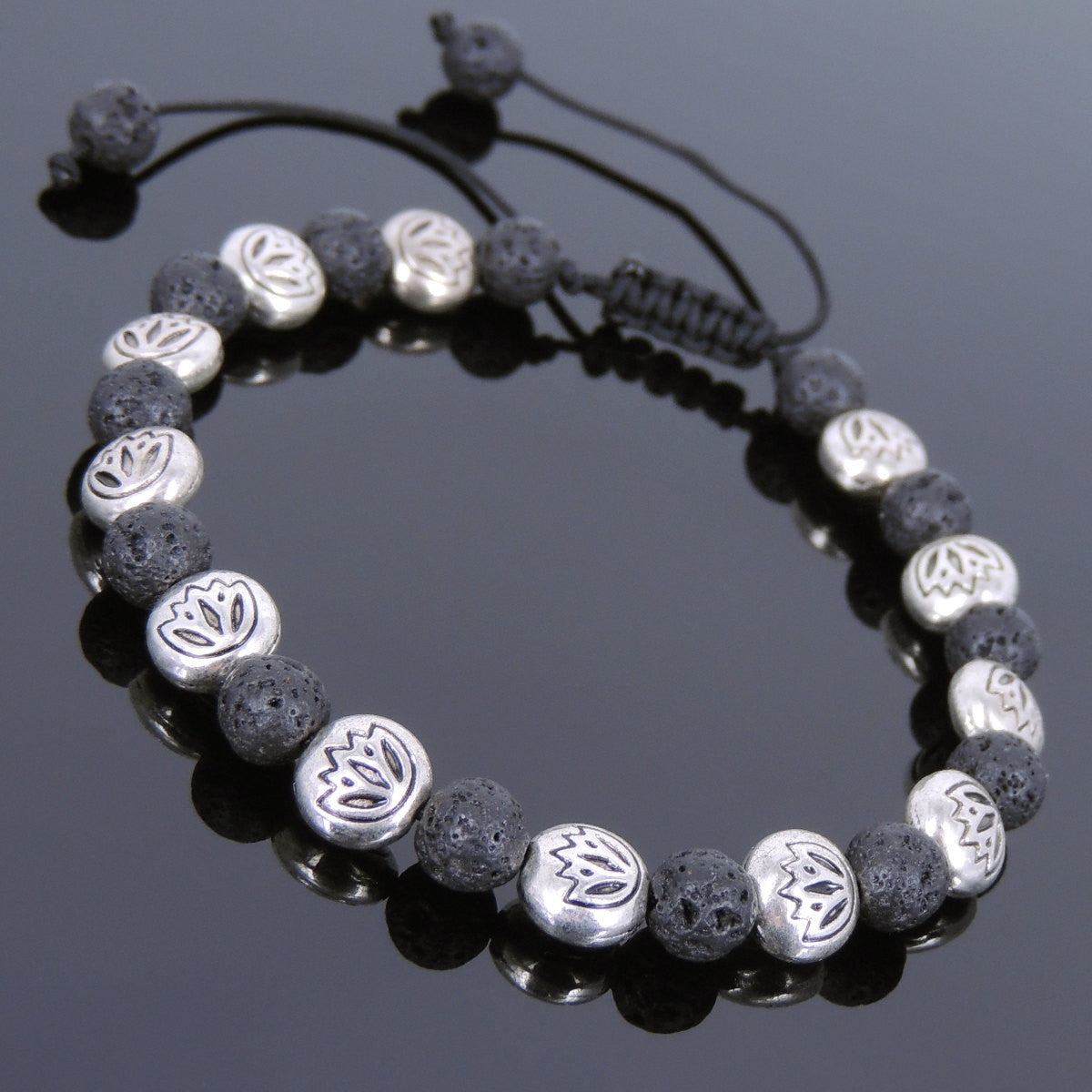 6mm Lava Rock Adjustable Braided Stone Bracelet with Tibetan Silver Engraved Lotus Beads - Handmade by Gem & Silver TSB248