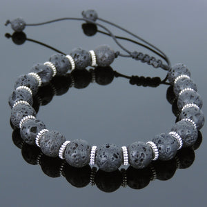 Lava Rock Adjustable Braided Stone Bracelet with Tibetan Silver Disk Spacers - Handmade by Gem & Silver TSB249