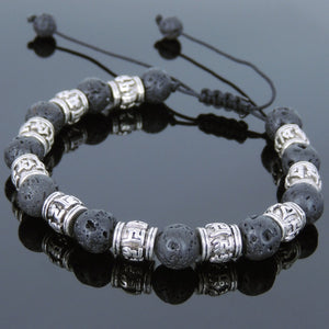 Lava Rock Adjustable Braided Stone Bracelet with Tibetan Silver Buddhism OM Meditation Beads - Handmade by Gem & Silver TSB250