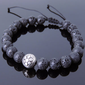 Lava Rock Adjustable Braided Stone Bracelet with Tibetan Silver Fleur de Lis Bead - Handmade by Gem & Silver TSB252