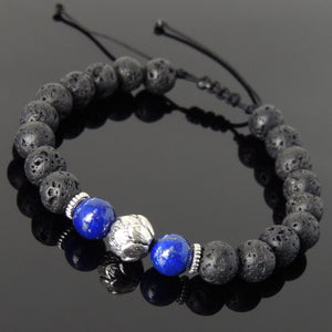 Lapis Lazuli & Lava Rock Adjustable Braided Gemstone Bracelet with Tibetan Silver Lotus Bead - Handmade by Gem & Silver TSB255