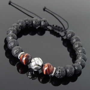 Red Tiger Eye & Lava Rock Adjustable Braided Gemstone Bracelet with Tibetan Silver Lotus Bead - Handmade by Gem & Silver TSB257
