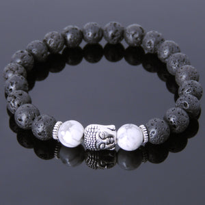 White Howlite & Lava Rock Healing Gemstone Bracelet with Tibetan Silver Sakyamuni Buddha & Spacers - Handmade by Gem & Silver TSB154