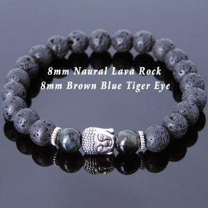Brown Blue Tiger Eye & Lava Rock Healing Gemstone Bracelet with Tibetan Silver Sakyamuni Buddha & Spacers - Handmade by Gem & Silver TSB155