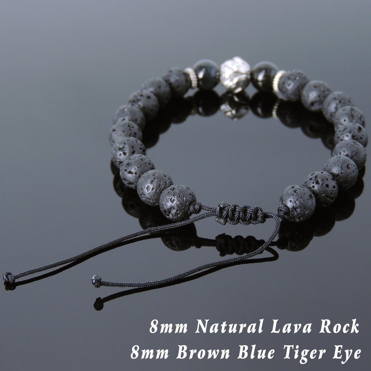 Brown Blue Tiger Eye & Lava Rock Adjustable Braided Gemstone Bracelet with Tibetan Silver Lotus Bead - Handmade by Gem & Silver TSB260