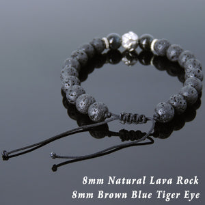 Brown Blue Tiger Eye & Lava Rock Adjustable Braided Gemstone Bracelet with Tibetan Silver Lotus Bead - Handmade by Gem & Silver TSB260