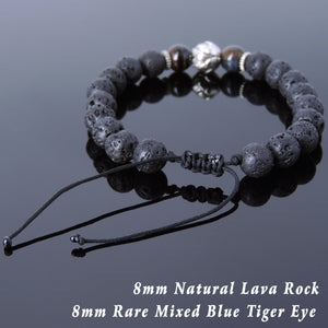 8mm Blue Tiger Eye & Lava Rock Adjustable Braided Stone Bracelet with Tibetan Silver Lotus Bead - Handmade by Gem & Silver TSB261