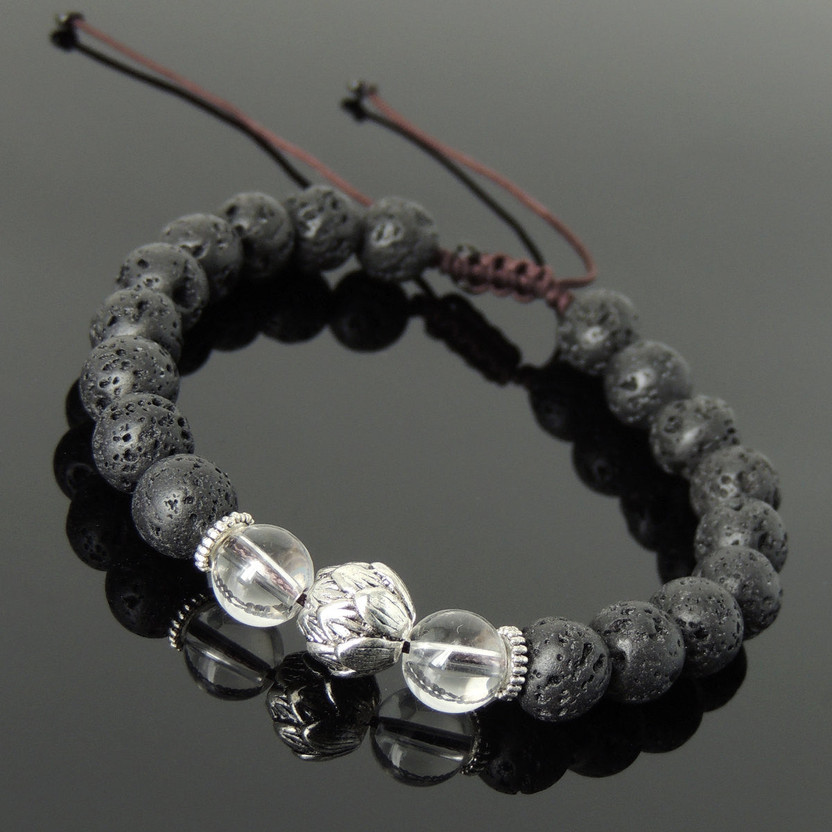White Crystal Quartz & Lava Rock Adjustable Braided Gemstone Bracelet with Tibetan Silver Lotus Bead - Handmade by Gem & Silver TSB264