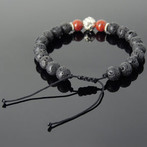 8mm Red Jasper Stone & Lava Rock Adjustable Braided Stone Bracelet with Tibetan Silver Lotus Bead - Handmade by Gem & Silver TSB265