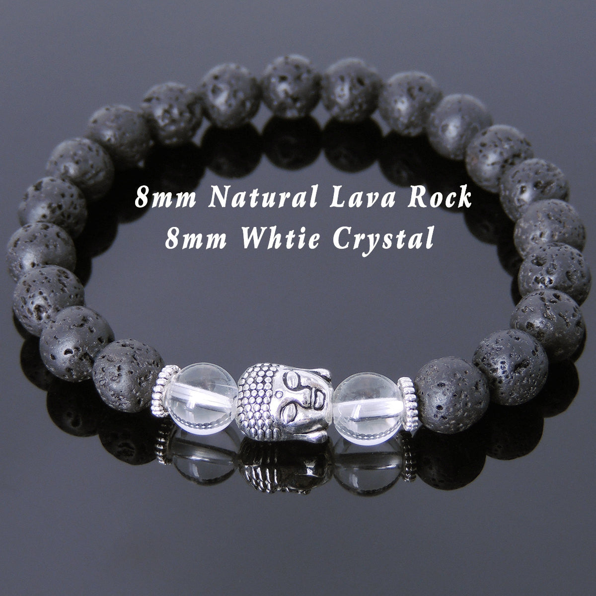 White Crystal Quartz & Lava Rock Healing Gemstone Bracelet with Tibetan Silver Sakyamuni Buddha & Spacers - Handmade by Gem & Silver TSB159