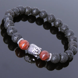 Red Jasper & Lava Rock Healing Gemstone Bracelet with Tibetan Silver Sakyamuni Buddha & Spacers - Handmade by Gem & Silver TSB160