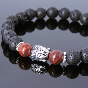 Red Jasper & Lava Rock Healing Gemstone Bracelet with Tibetan Silver Sakyamuni Buddha & Spacers - Handmade by Gem & Silver TSB160