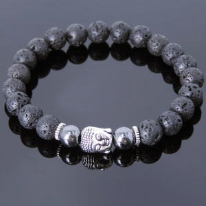 Hematite & Lava Rock Healing Gemstone Bracelet with Tibetan Silver Sakyamuni Buddha & Spacers - Handmade by Gem & Silver TSB162