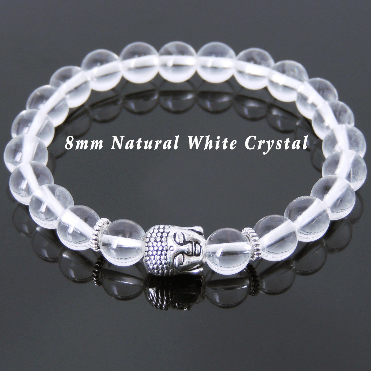White Crystal Quartz Healing Gemstone Bracelet with Tibetan Silver Gautama Buddha Bead & Flowers Spacers - Handmade by Gem & Silver TSB165