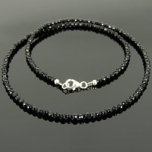 3mm Faceted Black Onyx Healing Gemstone Bracelet & Necklace Set with S925 Sterling Silver Spacer Beads & Clasp NK136_BR871