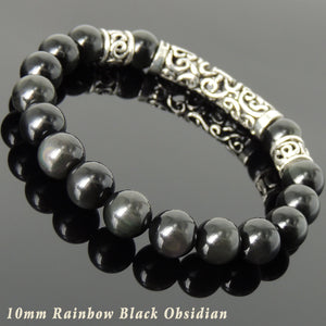 Rainbow Black Obsidian Healing Gemstone Bracelet with S925 Sterling Silver Fleur de Lis Charm & Spacers - Handmade by Gem & Silver BR107