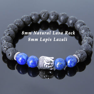 8mm Lapis Lazuli & Lava Rock Healing Stone Bracelet with Tibetan Silver Sakyamuni Buddha & Spacers - Handmade by Gem & Silver TSB167