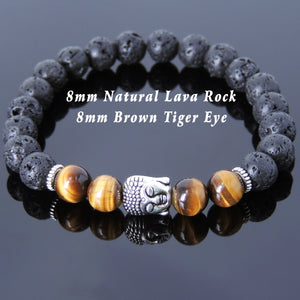 Brown Tiger Eye & Lava Rock Healing Gemstone Bracelet with Tibetan Silver Sakyamuni Buddha & Spacers - Handmade by Gem & Silver TSB168