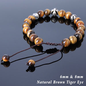 Brown Tiger Eye Adjustable Braided Gemstone Bracelet with S925 Sterling Silver Holy Trinity Cross Beads - Handmade by Gem & Silver BR838