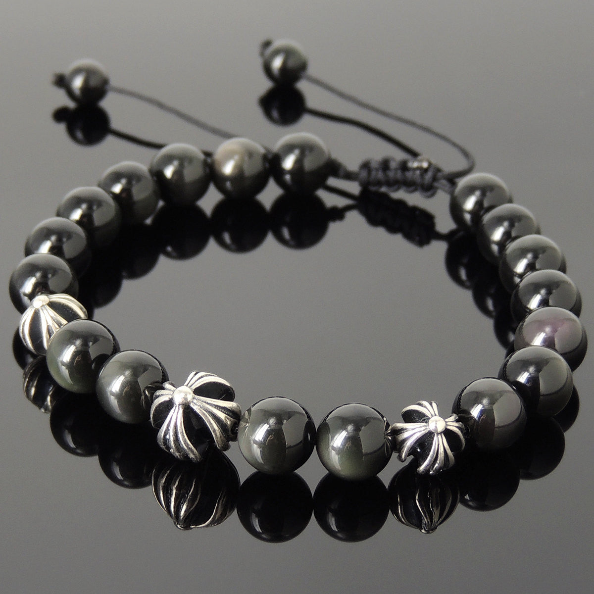 Rainbow Black Obsidian Adjustable Braided Bracelet with S925 Sterling Silver Holy Trinity Cross Beads - Handmade by Gem & Silver BR837