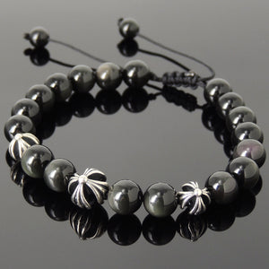 Rainbow Black Obsidian Adjustable Braided Bracelet with S925 Sterling Silver Holy Trinity Cross Beads - Handmade by Gem & Silver BR837
