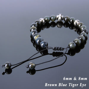 Brown Blue Tiger Eye Adjustable Braided Gemstone Bracelet with S925 Sterling Silver Holy Trinity Cross Beads - Handmade by Gem & Silver BR841