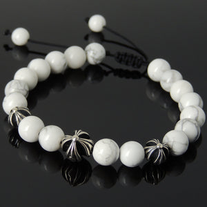 White Howlite Adjustable Braided Gemstone Bracelet with S925 Sterling Silver Holy Trinity Cross Beads - Handmade by Gem & Silver BR843