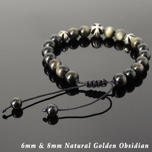Golden Obsidian Adjustable Braided Gemstone Bracelet with S925 Sterling Silver Holy Trinity Cross Beads - Handmade by Gem & Silver BR845