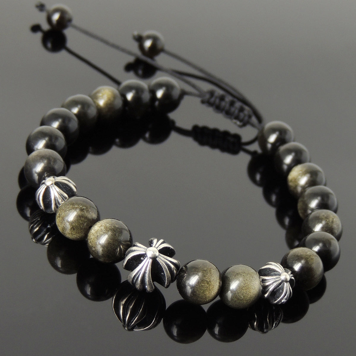 Golden Obsidian Adjustable Braided Gemstone Bracelet with S925 Sterling Silver Holy Trinity Cross Beads - Handmade by Gem & Silver BR845