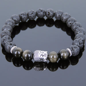 Golden Obsidian & Lava Rock Healing Gemstone Bracelet with Tibetan Silver Sakyamuni Buddha & Spacers - Handmade by Gem & Silver TSB178