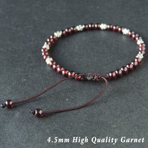 4.5mm Grade AAA Garnet Adjustable Braided Bracelet with S925 Sterling Silver Art Deco Barrel Beads - Handmade by Gem & Silver BR866