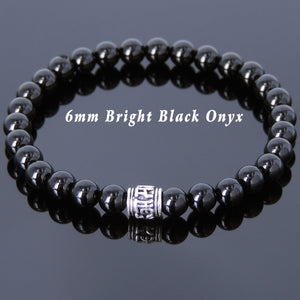 6mm Bright Black Onyx Healing Gemstone Bracelet with S925 Sterling Silver OM Meditation Bead - Handmade by Gem & Silver BR732