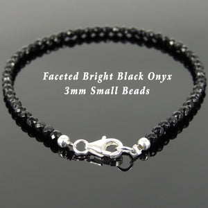 3mm Faceted Bright Black Onyx Healing Gemstone Bracelet with S925 Sterling Silver Spacer Beads & Clasp - Handmade by Gem & Silver BR871