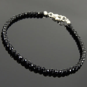 3mm Faceted Bright Black Onyx Healing Gemstone Bracelet with S925 Sterling Silver Spacer Beads & Clasp - Handmade by Gem & Silver BR871