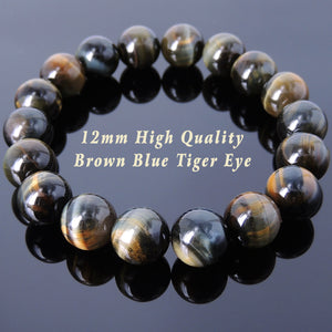 12mm Brown Blue Tiger Eye Healing Gemstone Bracelet - Handmade by Gem & Silver BR873