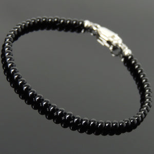 3mm Bright Black Onyx Healing Gemstone Bracelet with S925 Sterling Silver Spacer Beads & Clasp - Handmade by Gem & Silver BR875