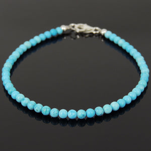 3mm Enhanced Turquoise Healing Gemstone Bracelet with S925 Sterling Silver Spacer Beads & Clasp - Handmade by Gem & Silver BR876