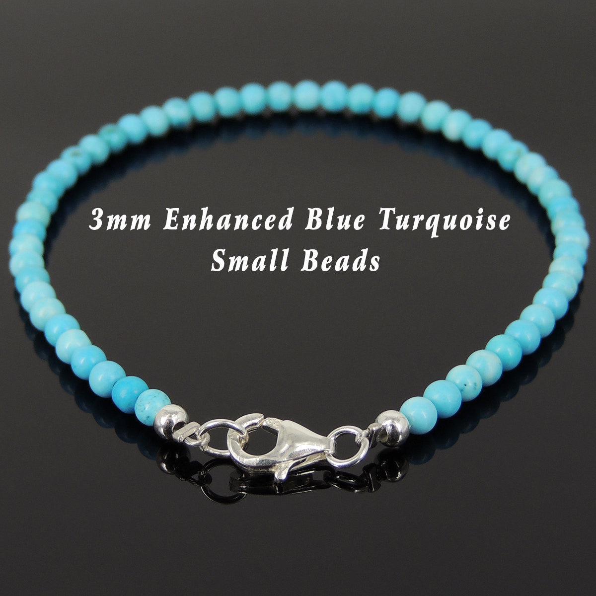 3mm Enhanced Turquoise Healing Gemstone Bracelet with S925 Sterling Silver Spacer Beads & Clasp - Handmade by Gem & Silver BR876