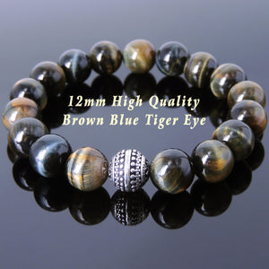 12mm Brown Blue Tiger Eye Healing Gemstone Bracelet with S925 Sterling Silver Artisan Bead - Handmade by Gem & Silver BR881