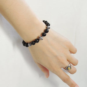 Black Obsidian Healing Gemstone Bracelet with S925 Sterling Silver Cross Beads - Handmade by Gem & Silver BR737