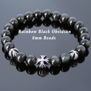 Black Obsidian Healing Gemstone Bracelet with S925 Sterling Silver Cross Beads - Handmade by Gem & Silver BR737