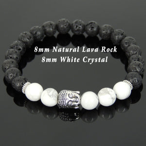 White Howlite & Lava Rock Healing Gemstone Bracelet with Tibetan Silver Sakyamuni Buddha & Spacers - Handmade by Gem & Silver TSB185