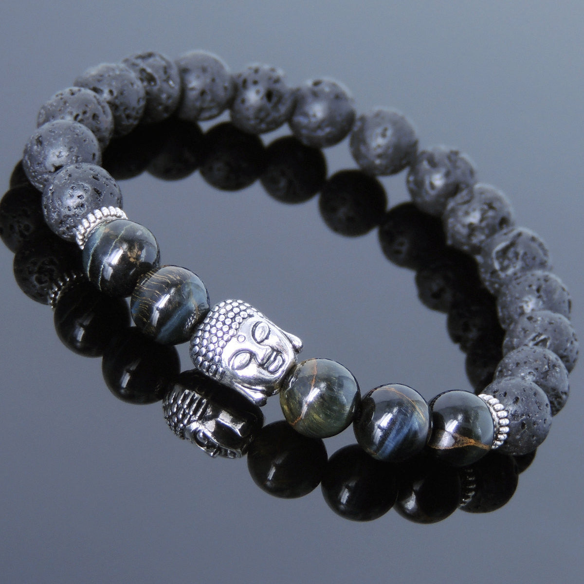 Rare Mixed Blue Tiger Eye & Lava Rock Healing Gemstone Bracelet with Tibetan Silver Sakyamuni Buddha & Spacers - Handmade by Gem & Silver TSB187