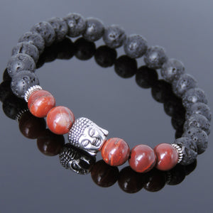 Red Jasper & Lava Rock Healing Gemstone Bracelet with Tibetan Silver Sakyamuni Buddha & Spacers - Handmade by Gem & Silver TSB191