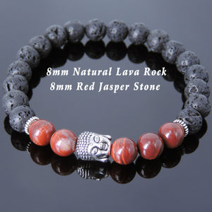 Red Jasper & Lava Rock Healing Gemstone Bracelet with Tibetan Silver Sakyamuni Buddha & Spacers - Handmade by Gem & Silver TSB191