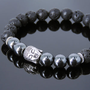 Hematite & Lava Rock Healing Gemstone Bracelet with Tibetan Silver Sakyamuni Buddha & Spacers - Handmade by Gem & Silver TSB193