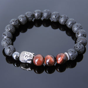 Red Tiger Eye Lava Rock & Hematite Healing Gemstone Bracelet with Tibetan Silver Sakyamuni Buddha & Spacers - Handmade by Gem & Silver TSB201
